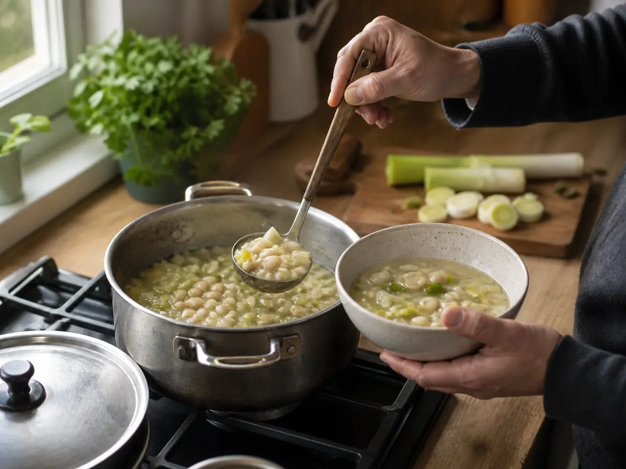 Hands stirring white beans leeks and potato in a wide saucepan
