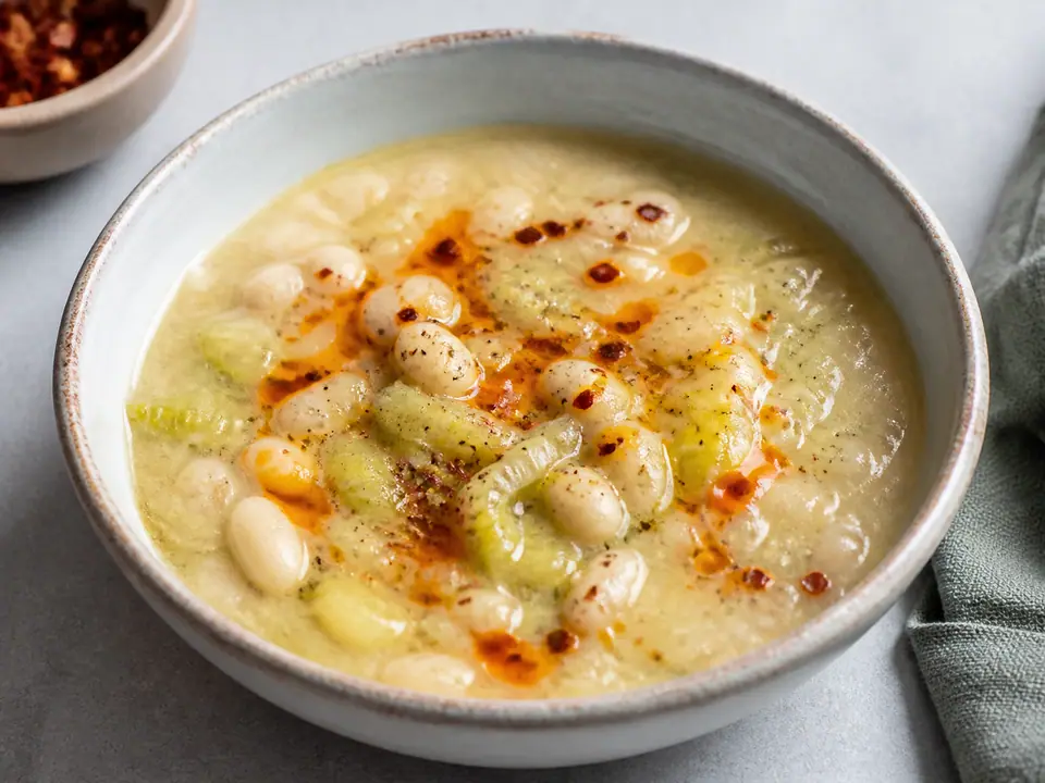 White bean leek soup with smoky chilli oil