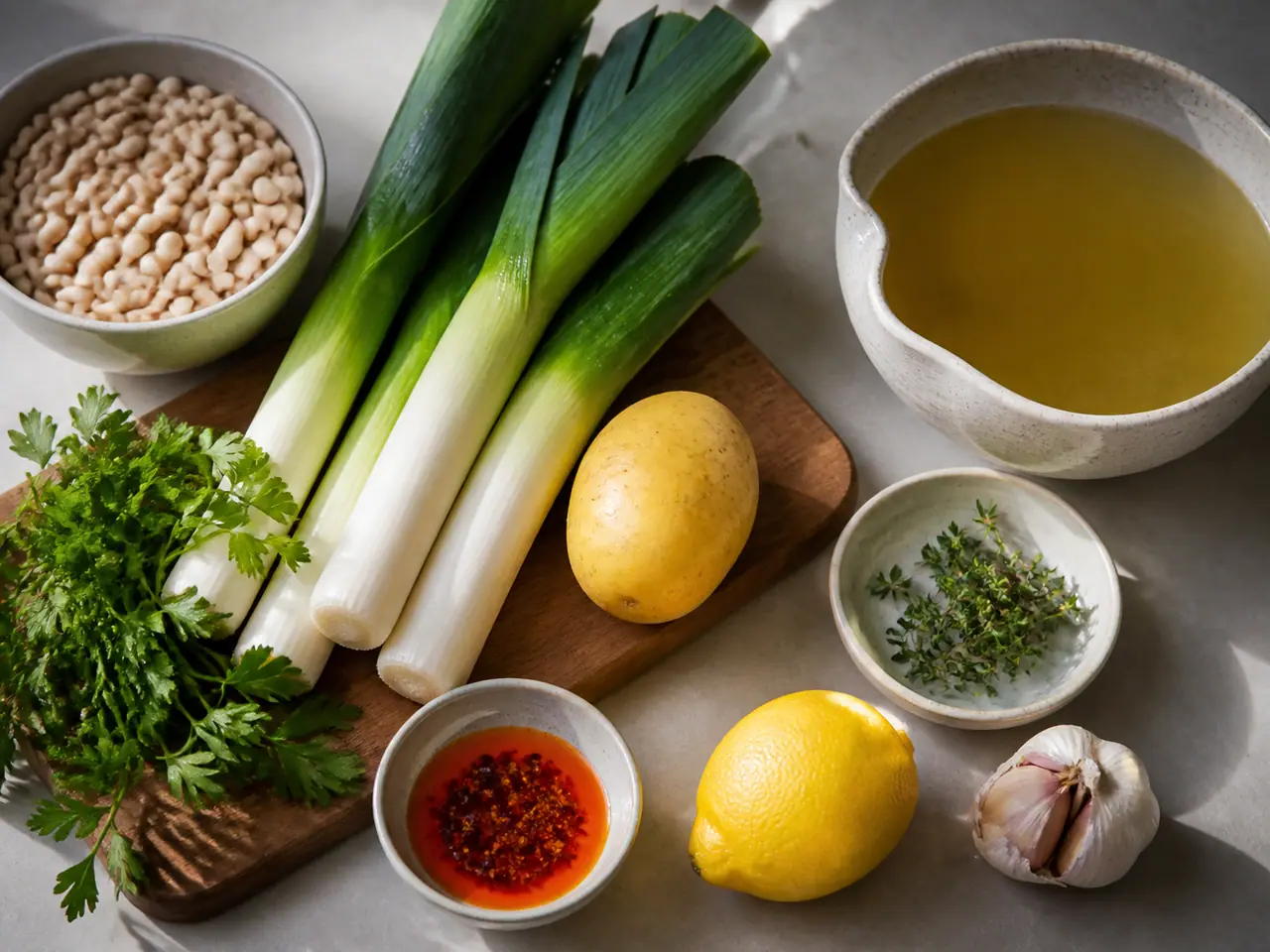 Leeks white beans potato stock and smoky chilli oil ready for soup