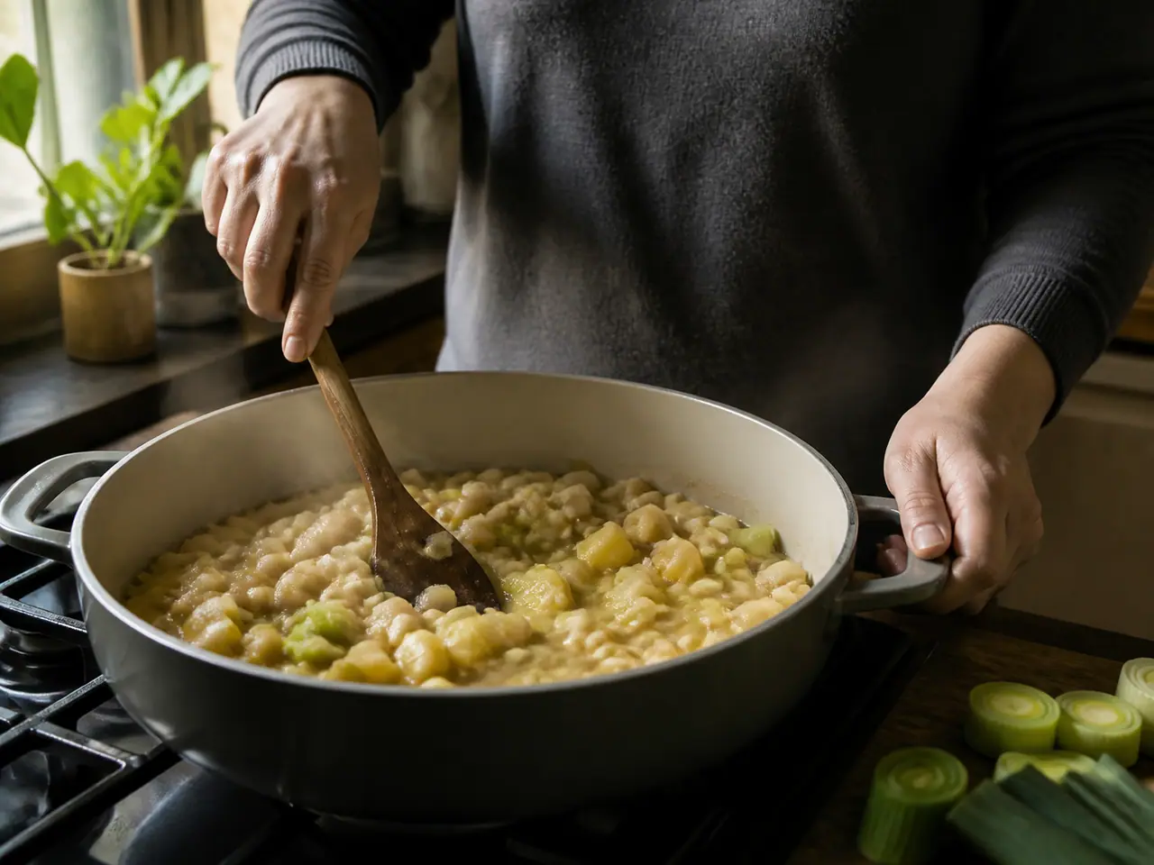 Hands stirring white beans leeks and potato in a wide saucepan