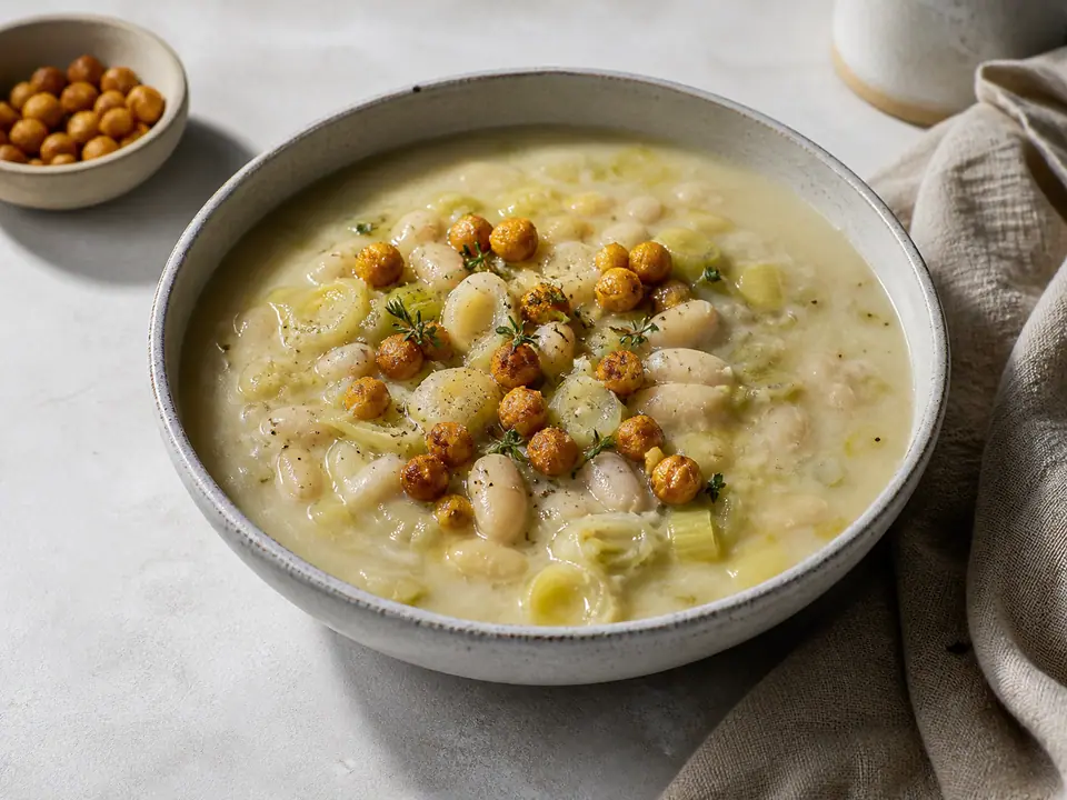 White bean leek soup with crispy chickpeas