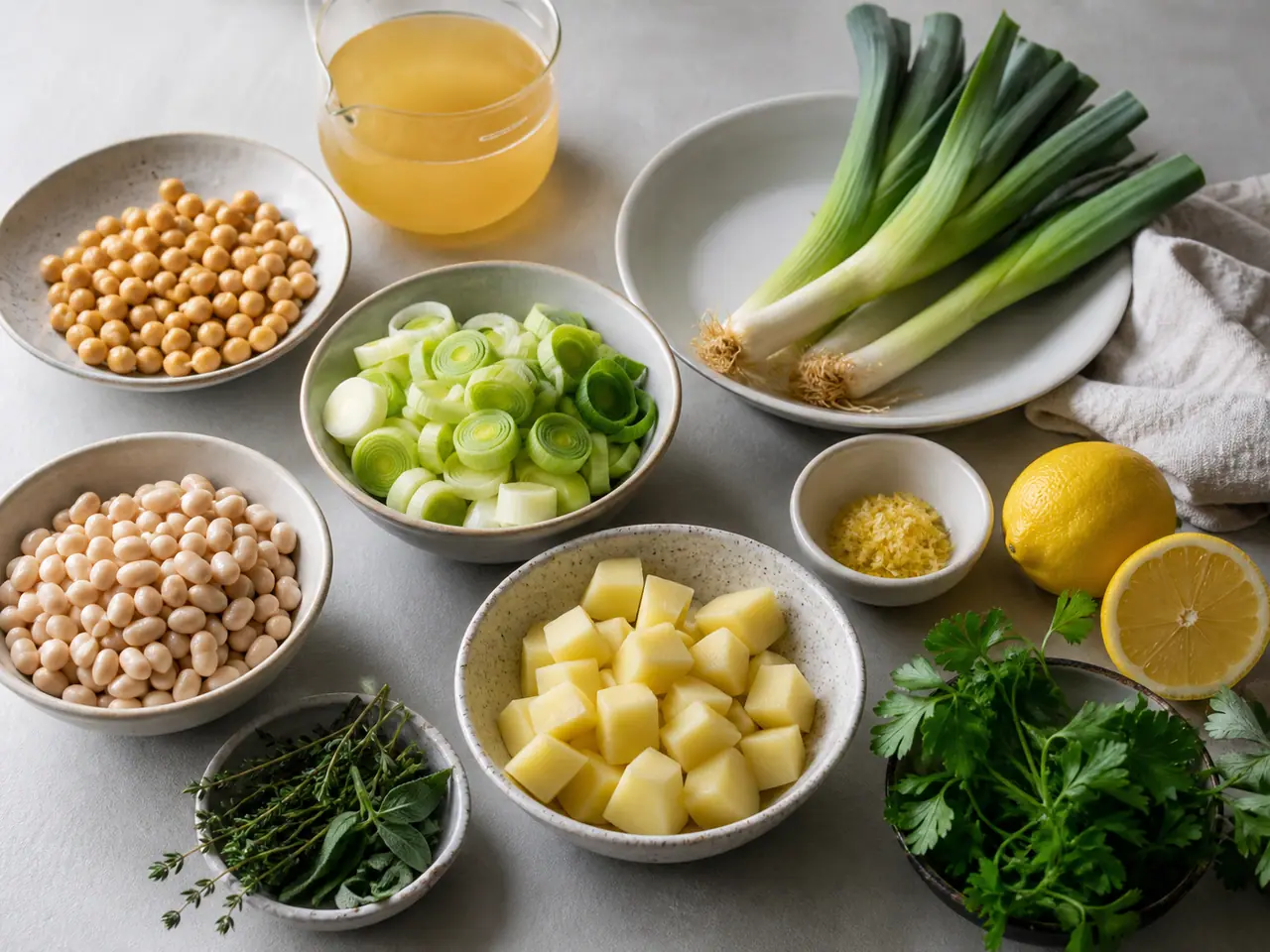 Leeks white beans potato stock and crispy chickpeas ready for soup
