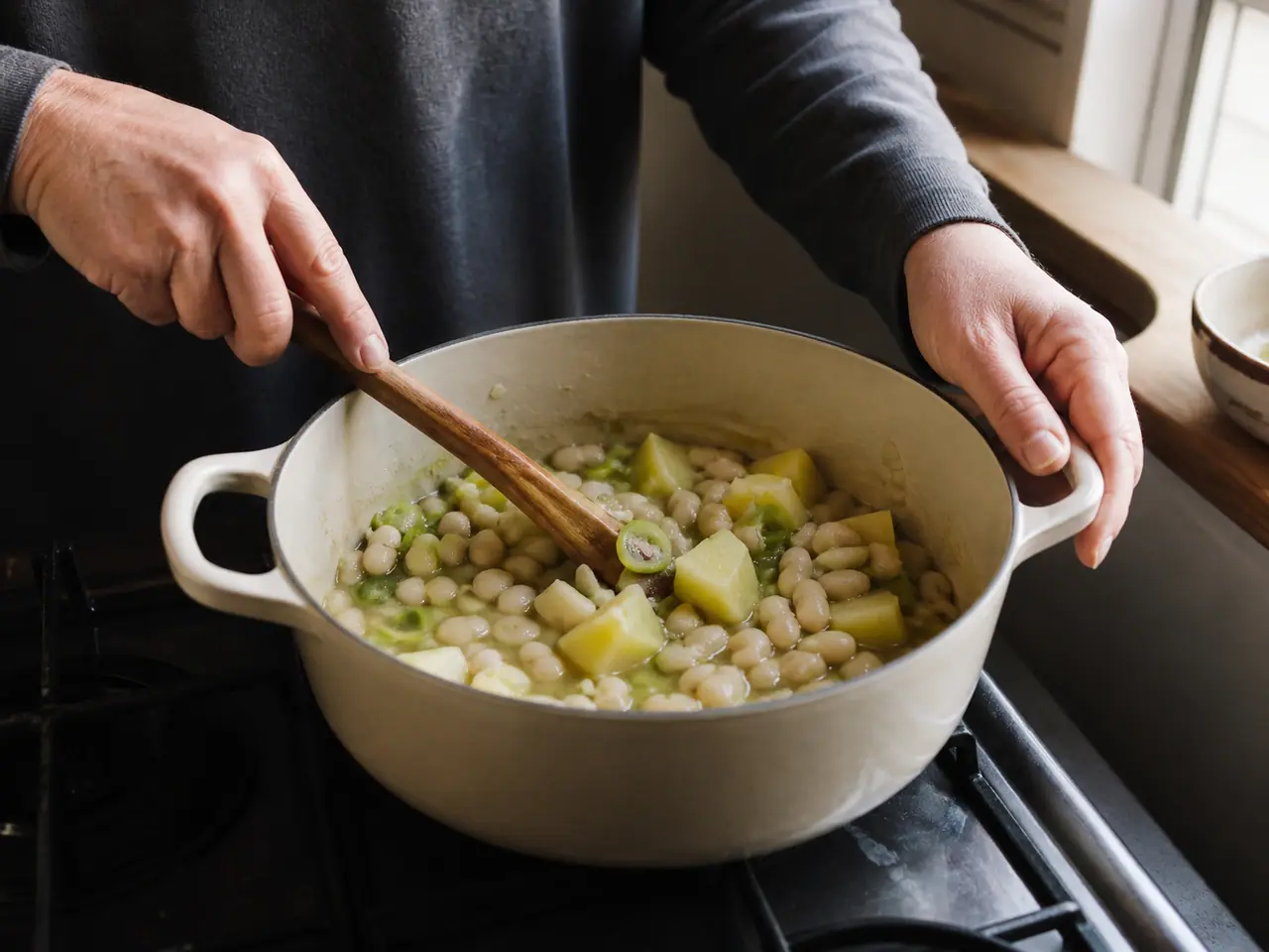 Hands stirring white beans leeks and potato in a wide saucepan