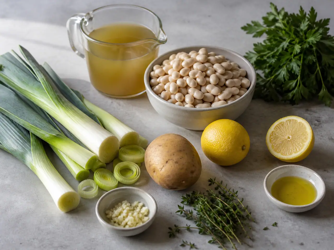 Leeks white beans potato stock and lemon and herbs ready for soup