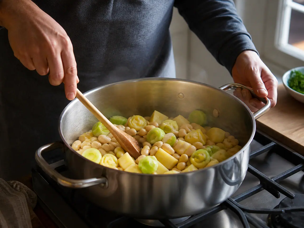 Hands stirring white beans leeks and potato in a wide saucepan