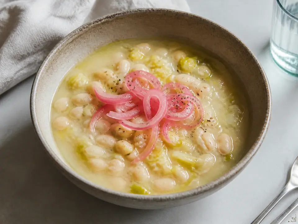 White bean leek soup with quick pickled onions