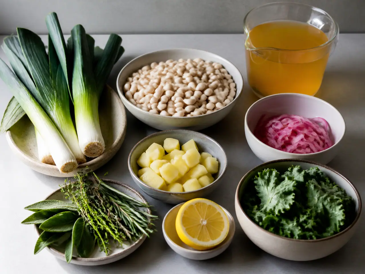 Leeks white beans potato stock and quick pickled onions ready for soup