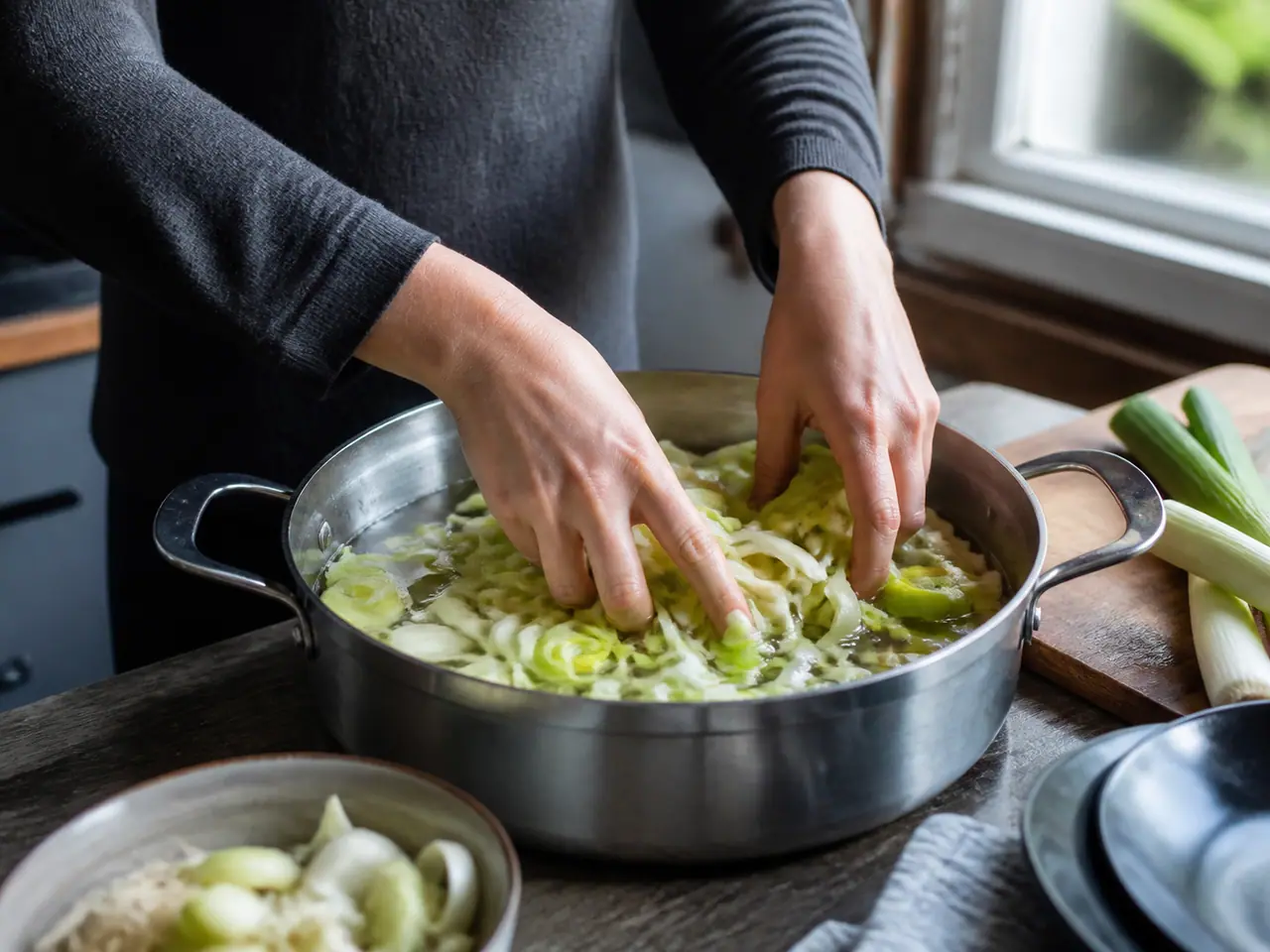 Hands stirring white beans leeks and potato in a wide saucepan