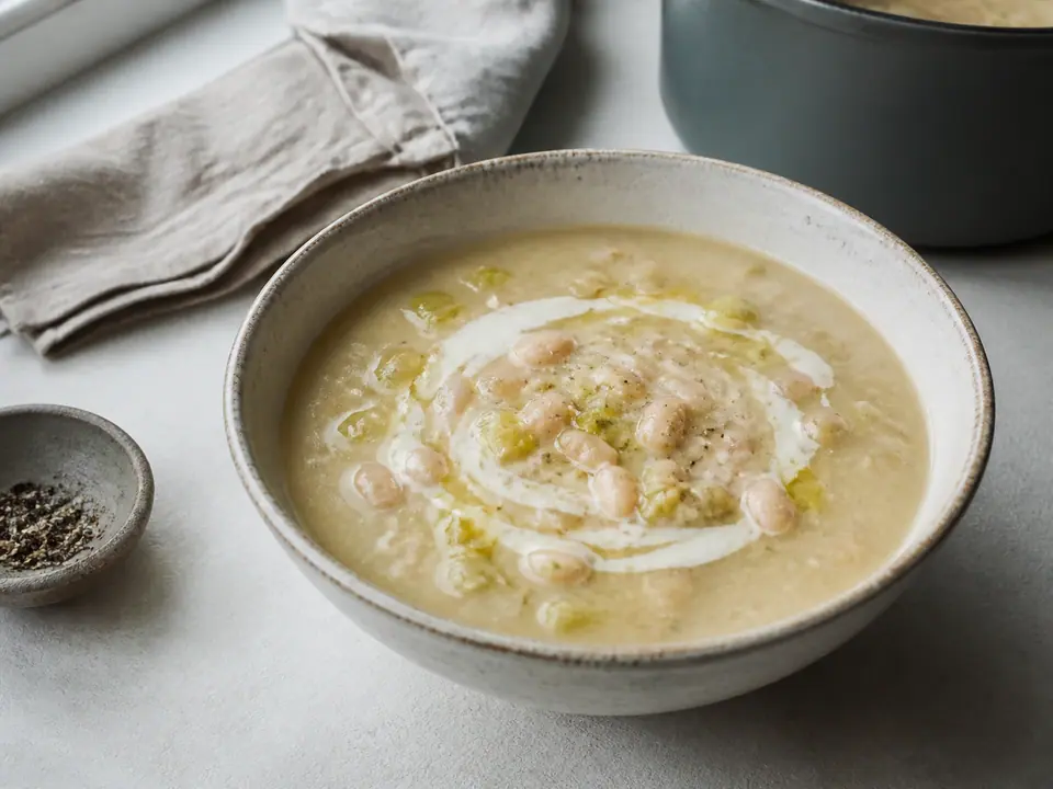 White bean leek soup with lemon tahini swirl