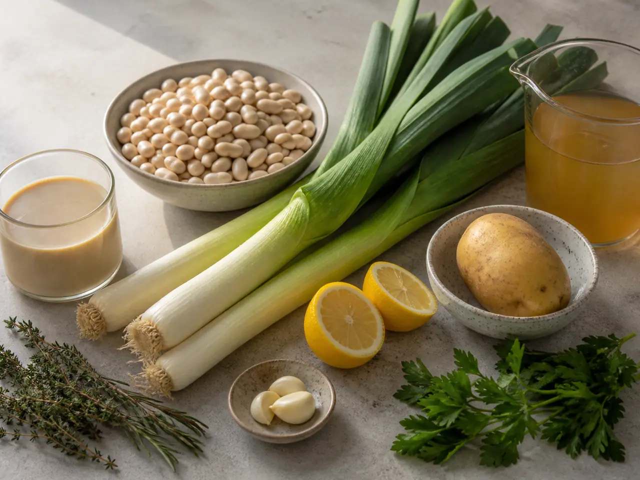Leeks white beans potato stock and lemon tahini swirl ready for soup