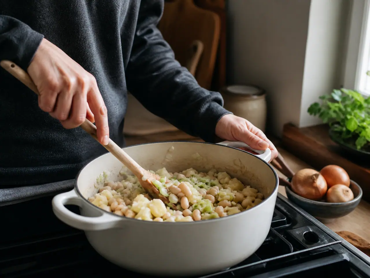 Hands stirring white beans leeks and potato in a wide saucepan