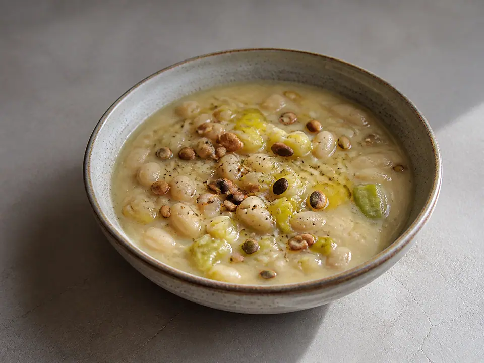White bean leek soup with toasted pumpkin and sesame seeds