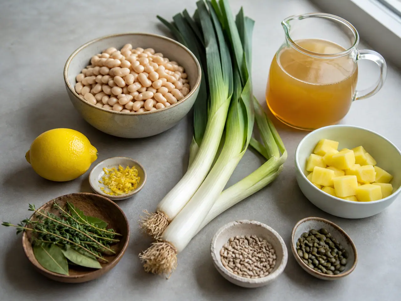 Leeks white beans potato stock and toasted pumpkin and sesame seeds ready for soup