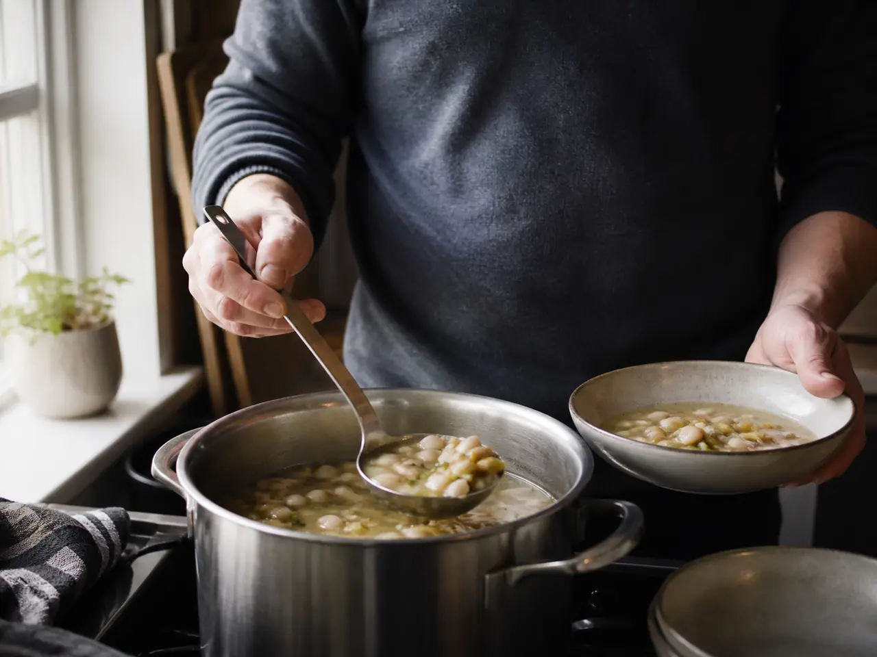 Hands stirring white beans leeks and potato in a wide saucepan