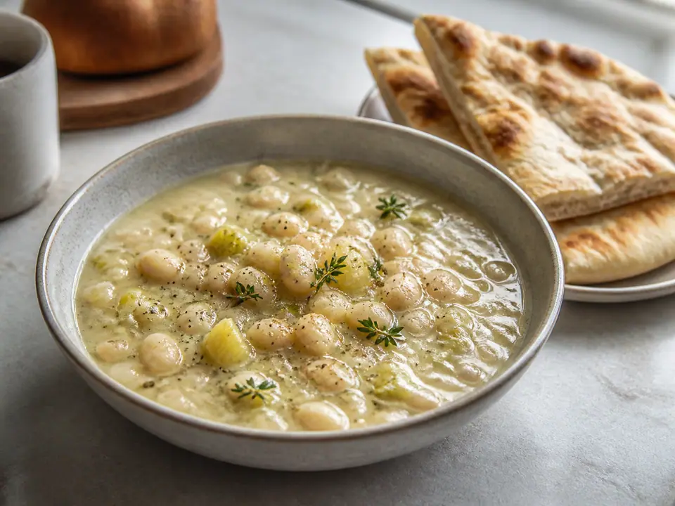 White bean leek soup with warm garlic flatbread