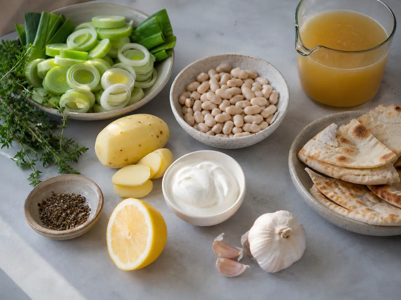 Leeks white beans potato stock and warm garlic flatbread ready for soup