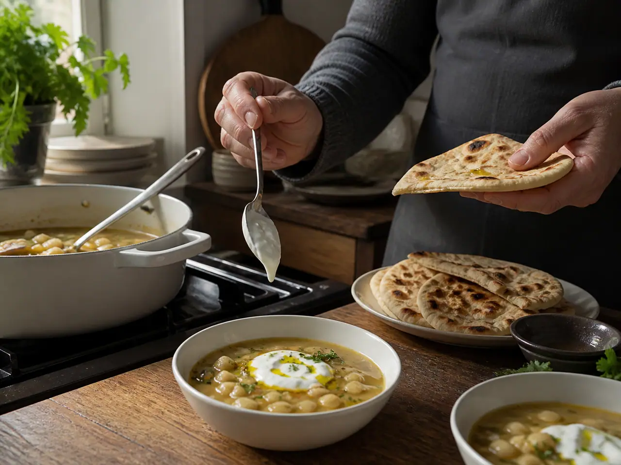 Hands stirring white beans leeks and potato in a wide saucepan