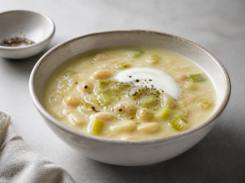 White bean leek soup with cool lemon yogurt