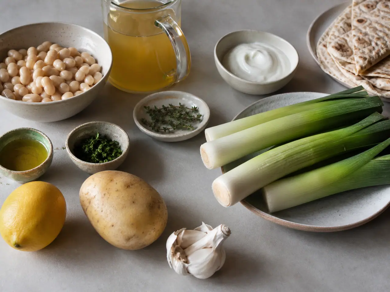 Leeks white beans potato stock and cool lemon yogurt ready for soup