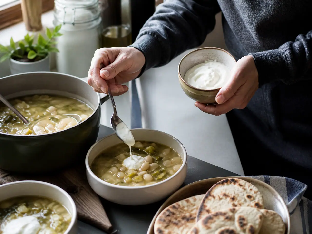 Hands stirring white beans leeks and potato in a wide saucepan