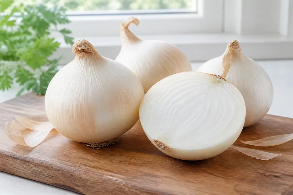 White onions with one halved to show clean white layers