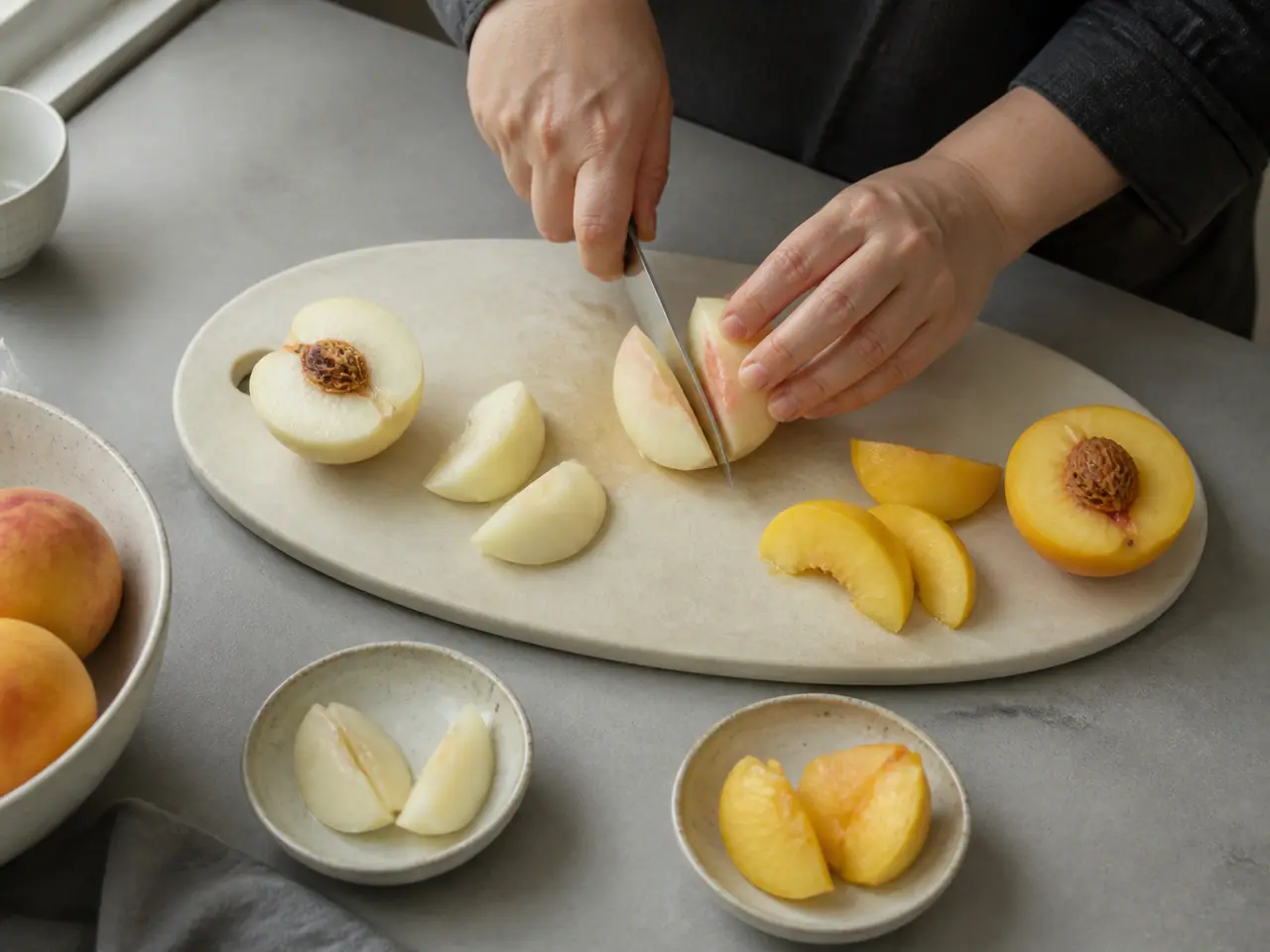 Hands slicing white and yellow peaches for a sweetness test
