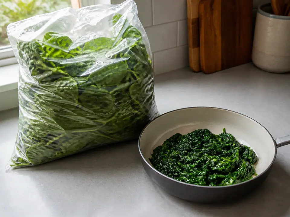 Large bag of raw spinach beside a small cooked panful