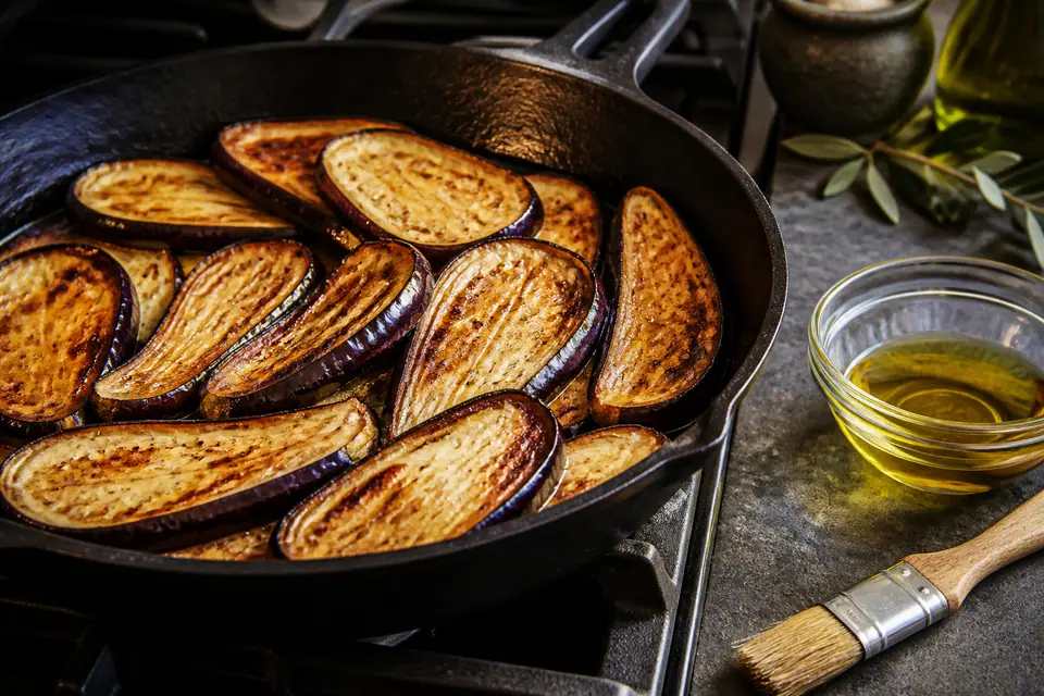 Roasted aubergine slices beside measured olive oil