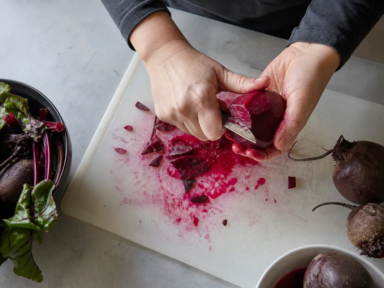 Hands peeling beetroot over a washable board with red juice nearby