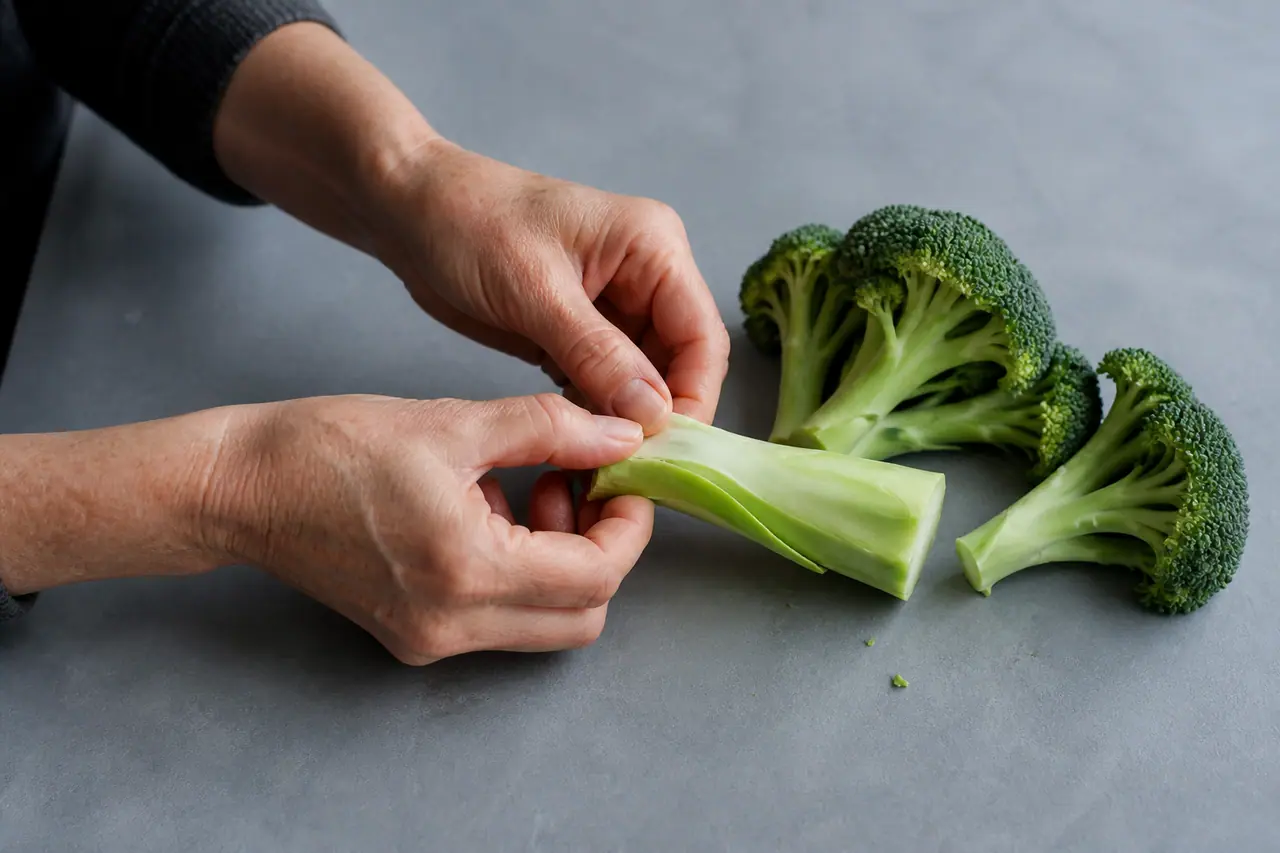 Hand peeling the fibrous outer layer from a broccoli stalk