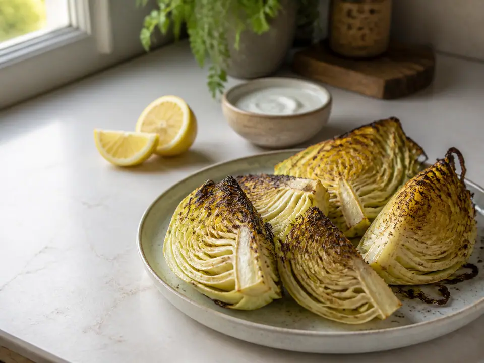 Roasted cabbage wedges with deeply browned outer edges
