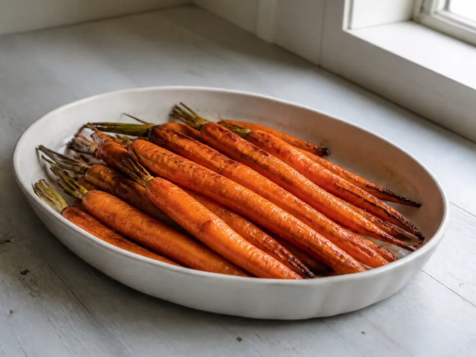 Roasted carrots with caramelised edges in a shallow dish