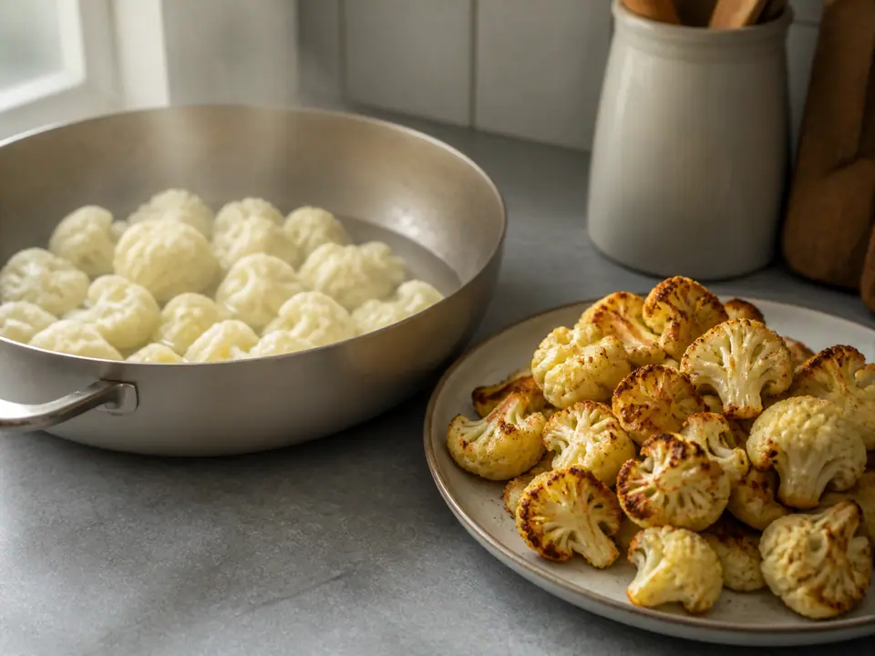 Steaming cauliflower florets beside roasted cauliflower with browned edges