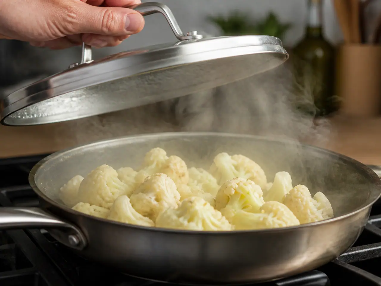 Cauliflower florets steaming in a shallow pan before draining