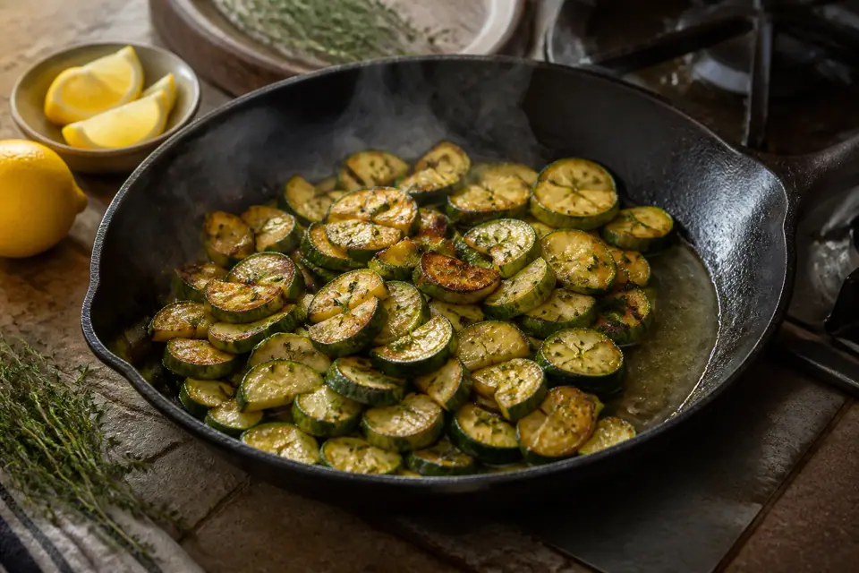 Browned courgettes with liquid gathered at skillet edge