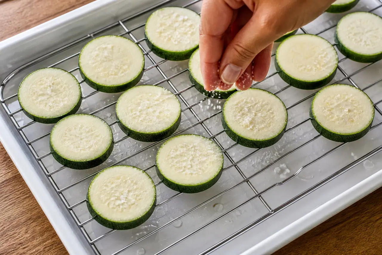 Hand sprinkling salt over courgette slices on a draining rack