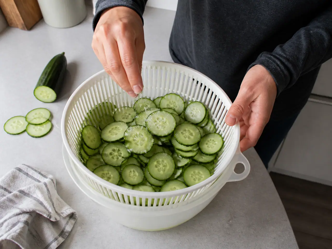 Hands salting cucumber slices over a draining bowl