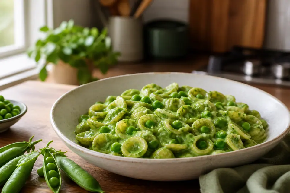 Bright frozen peas stirred into a fresh green pasta sauce