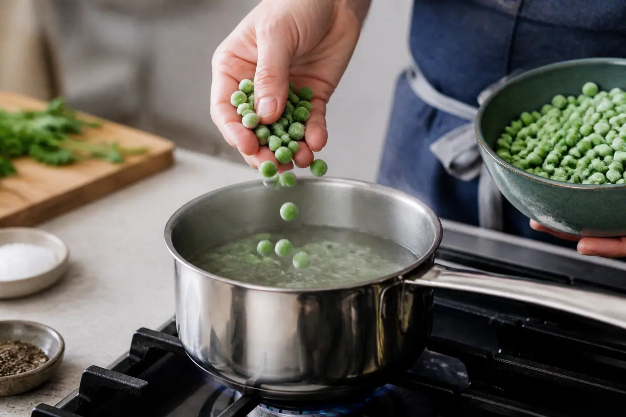 Hands dropping frozen peas into a small pot of simmering water