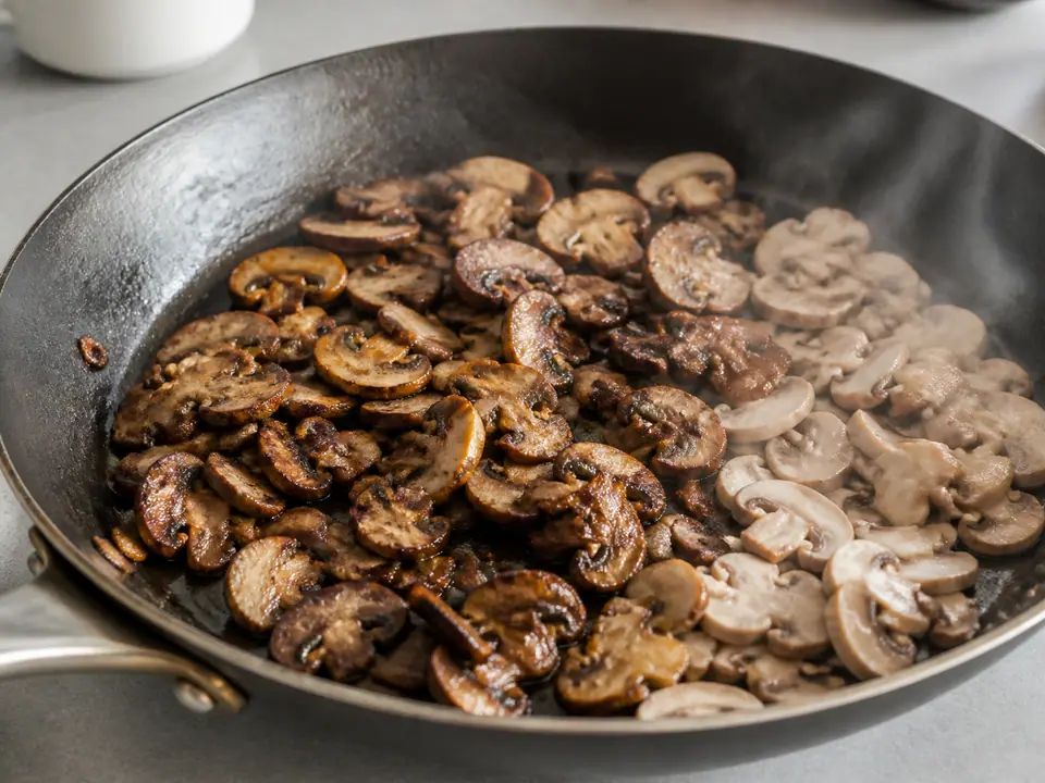 Browned mushrooms in one skillet beside a watery crowded pan