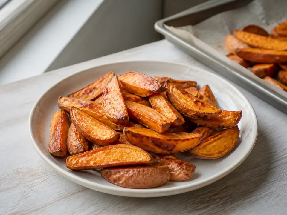 Roasted sweet potato pieces with dark caramelised edges