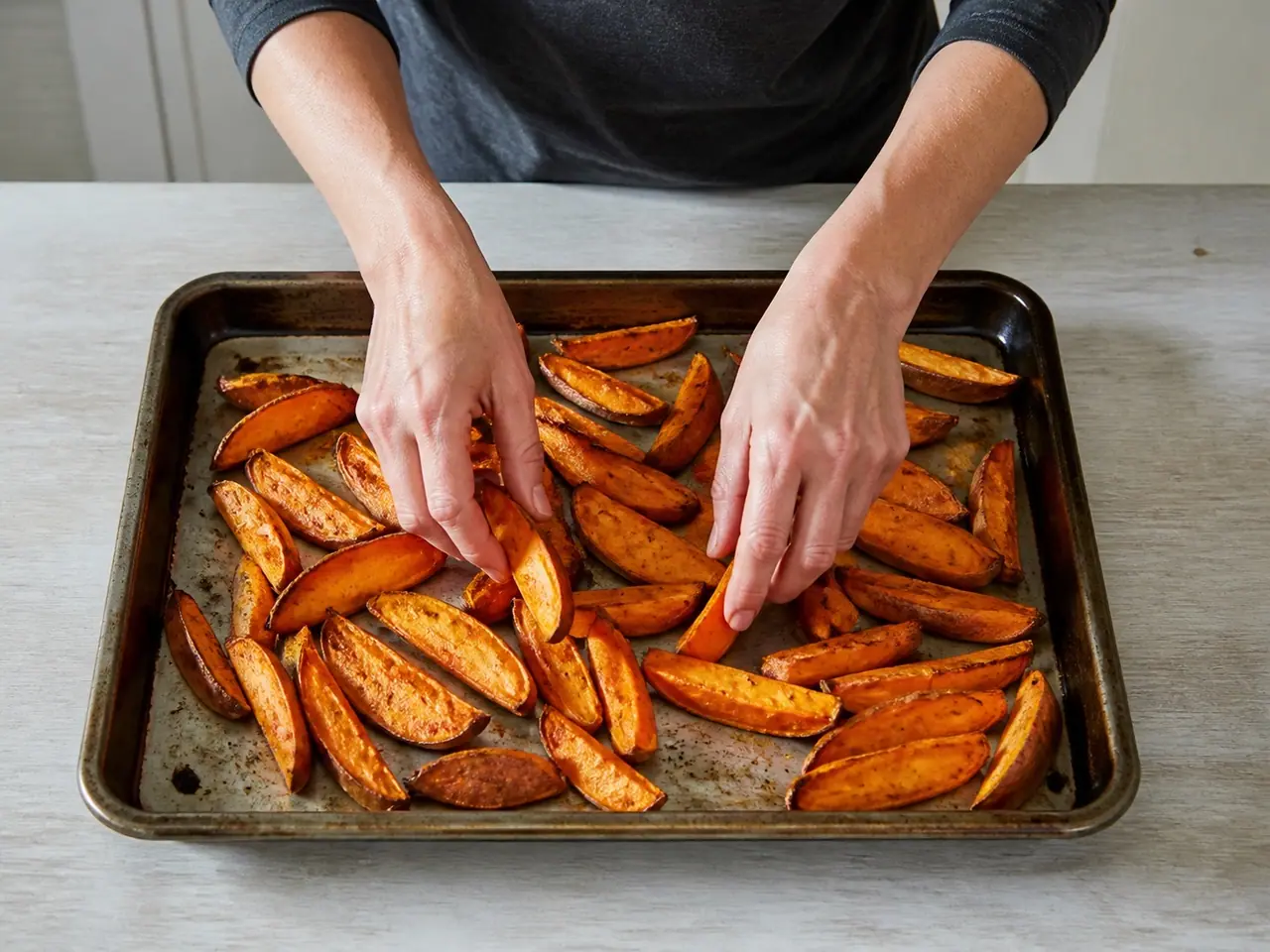 Hands turning sweet potato wedges before their edges darken