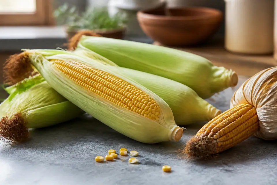 Fresh corn kernels beside an older ear and a cold storage bowl