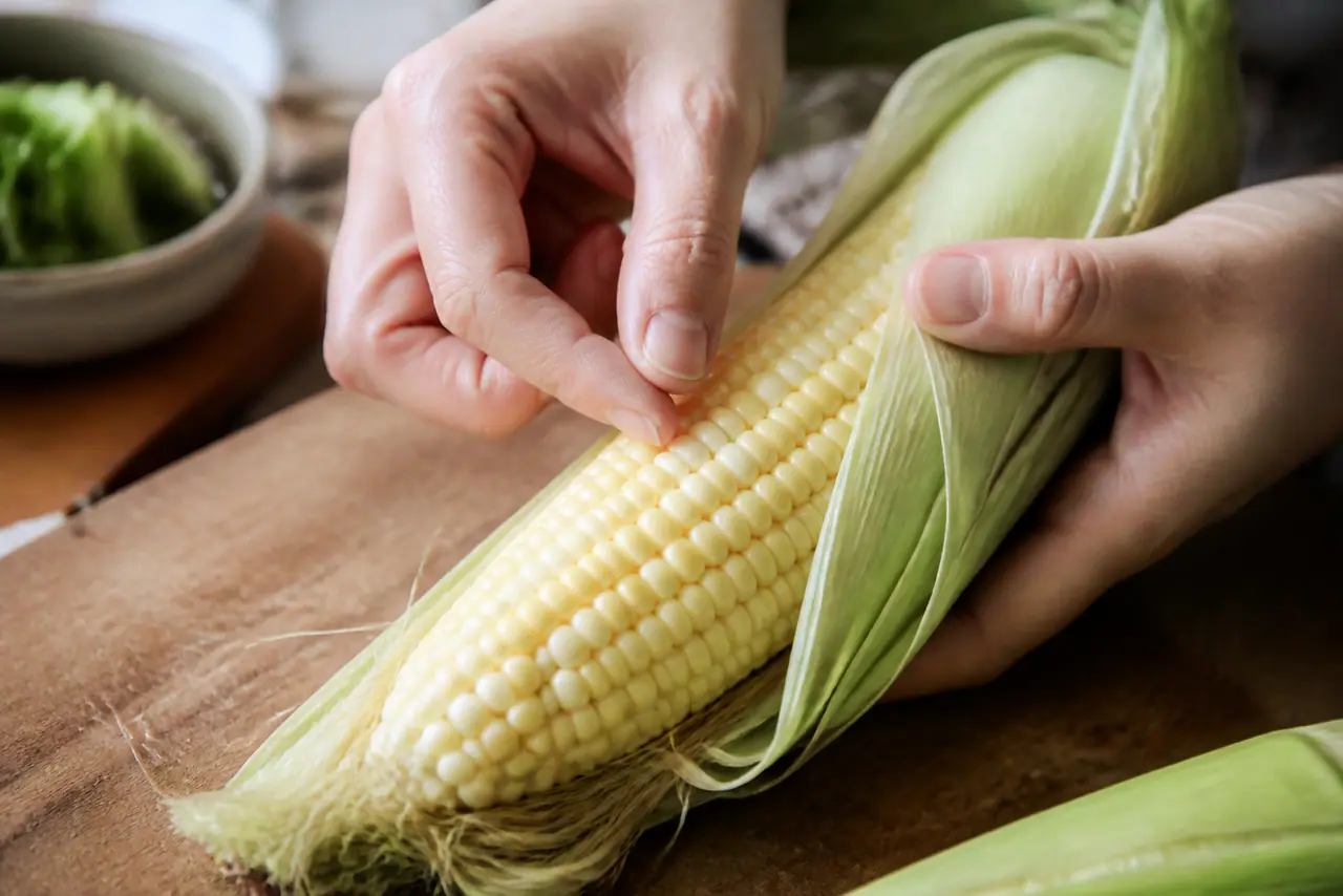 Hands testing a corn kernel for milky juice before cooking