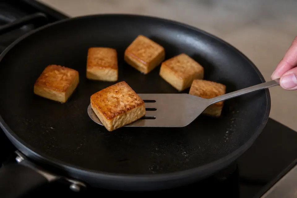 Crisp tofu releasing from a dark skillet with a thin spatula