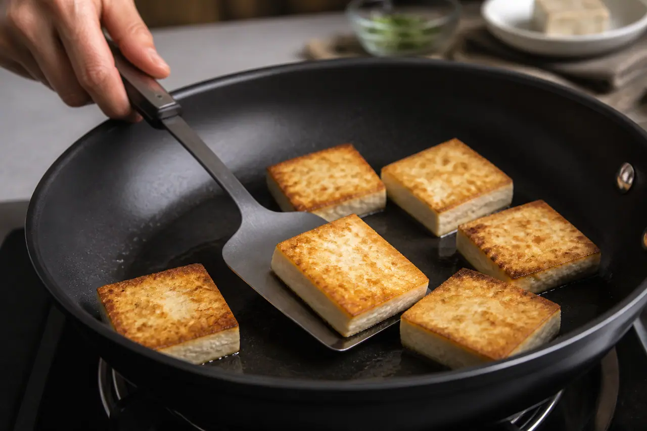 Thin spatula lifting a browned tofu corner from a skillet