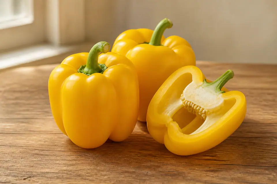 Yellow bell peppers with one cut open to show the ribs and seeds