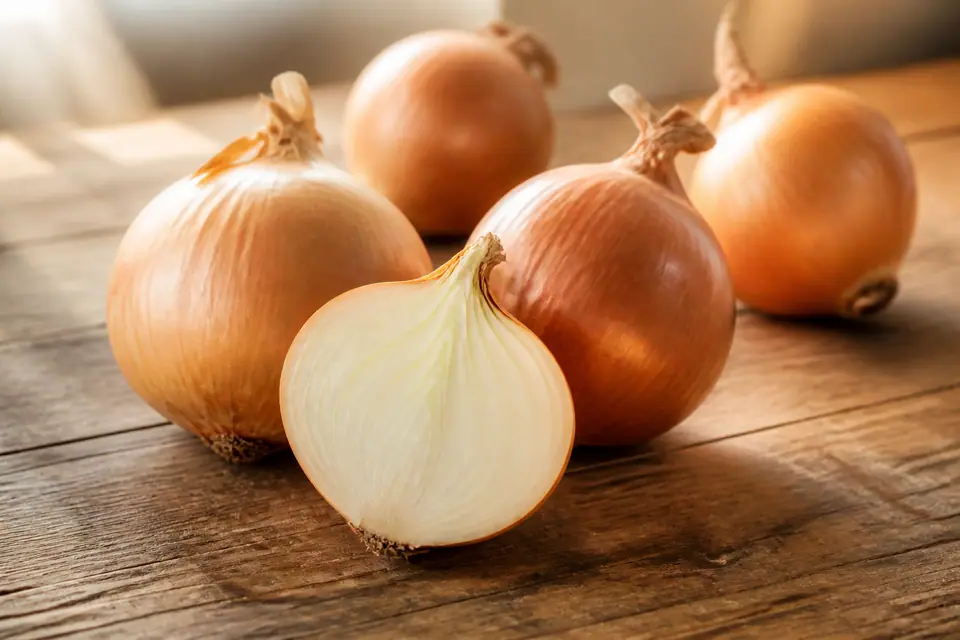 Yellow onions with one cut in half to show the pale layers