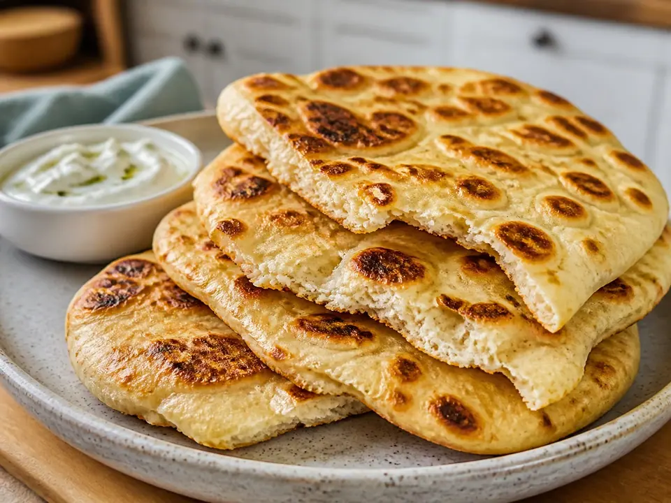 Stack of golden yogurt flatbreads with blistered spots and dip