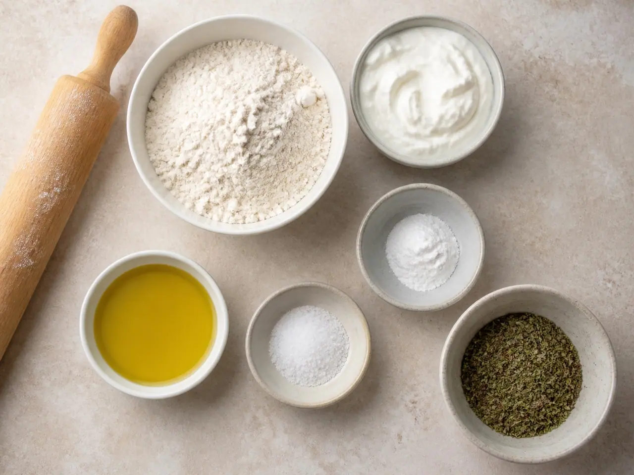 Flour yogurt baking powder salt oil and herbs ready for flatbread